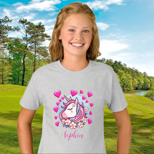 Cute Unicorn, Pink Hearts & Flowers, eget namn T Shirt
