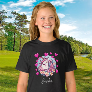 Cute Unicorn, Pink Hearts & Flowers, eget namn T Shirt