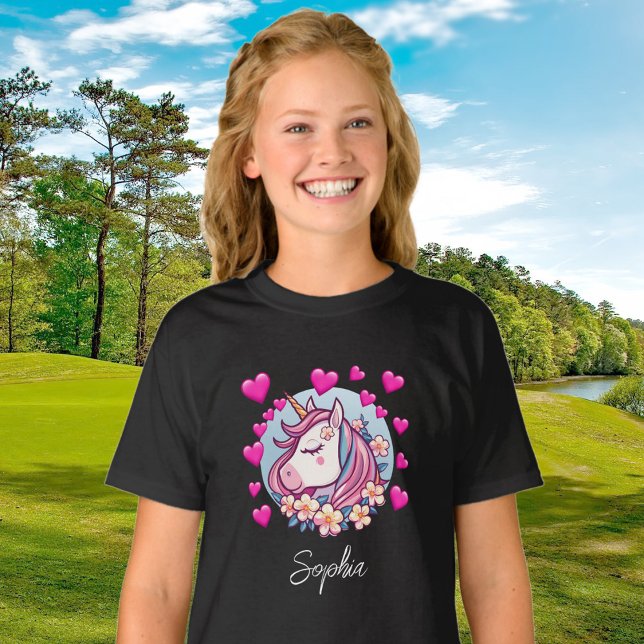 Cute Unicorn, Pink Hearts & Flowers, eget namn T Shirt (Skapare uppladdad)