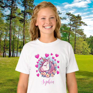 Cute Unicorn, Pink Hearts & Flowers, eget namn T Shirt