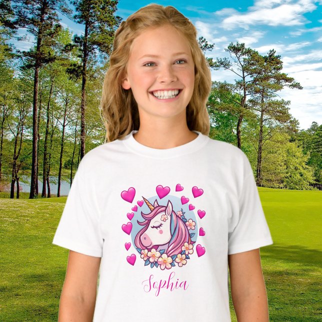Cute Unicorn, Pink Hearts & Flowers, eget namn T Shirt (Skapare uppladdad)