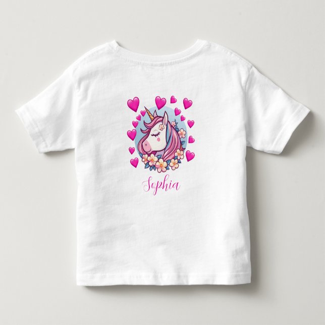 Cute Unicorn, Pink Hearts & Flowers, eget namn T Shirt (Baksida)