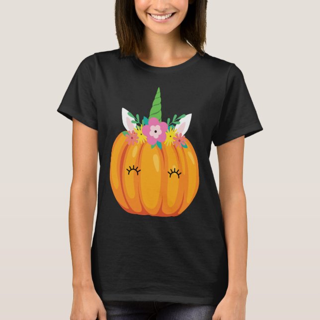 Cute Unicorn Pumpkin Halloween Thanksgiving costum T Shirt (Framsida)