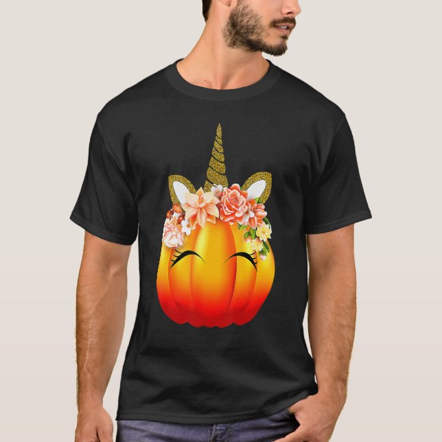 Cute Unicorn Pumpkin Halloween Thanksgiving T Shirt (Framsida)
