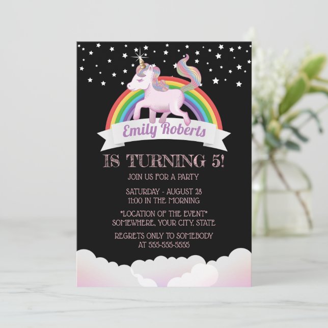 Cute Unicorn & Rainbow Black Birthday Inbjudningar (Stående Fram)