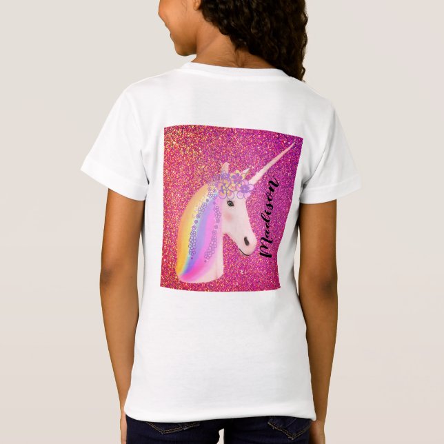 Cute Unicorn Rainbow Fantasy Rosa Glitter Namn T Shirt (Baksida)