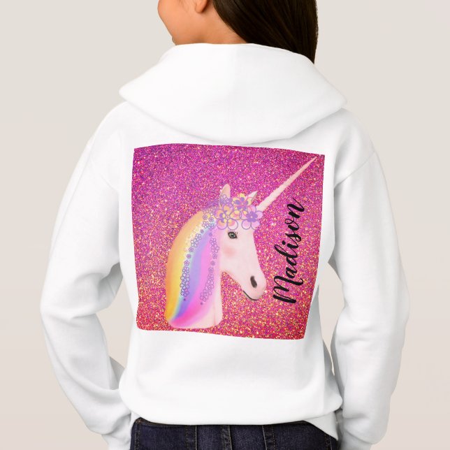 Cute Unicorn Rainbow Fantasy Rosa Glitter Namn T Shirt (Baksida)