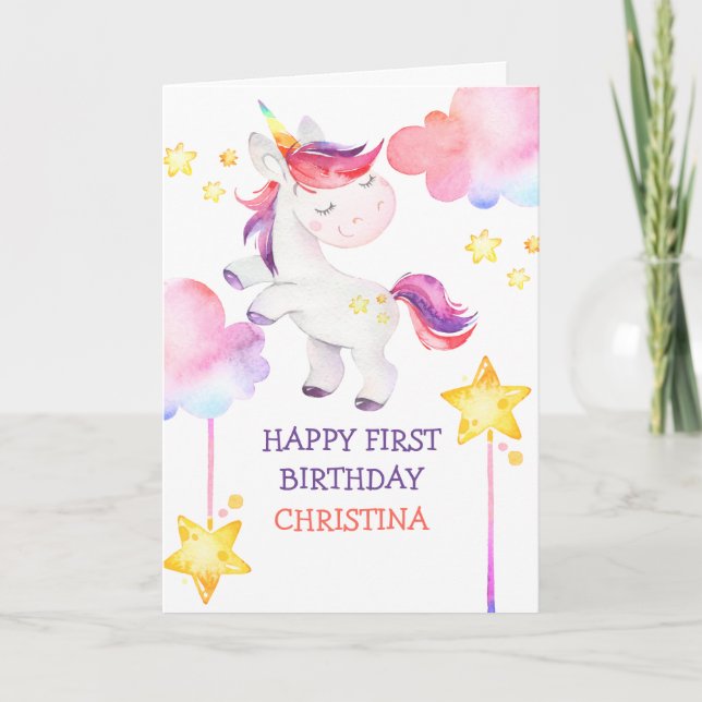 Cute Unicorn Rainbow First Grattis på födelsedagen Kort (Framsida)