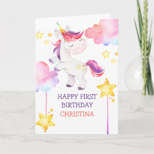 Cute Unicorn Rainbow First Grattis på födelsedagen Kort
