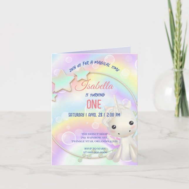 Cute Unicorn Rainbow-Födelsedagsfester Inbjudan (Framsida)