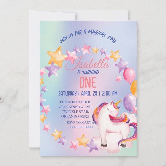 Cute Unicorn Rainbow-Födelsedagsfester Inbjudningar (Framsida)