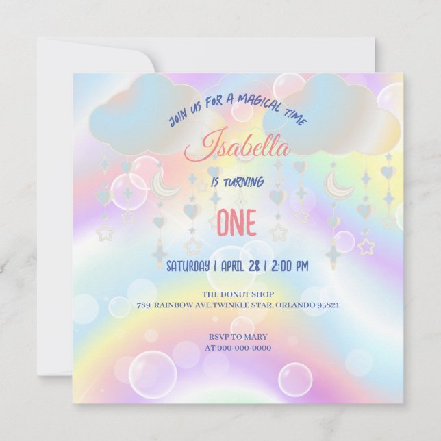 Cute Unicorn Rainbow-Födelsedagsfester Inbjudningar (Framsida)