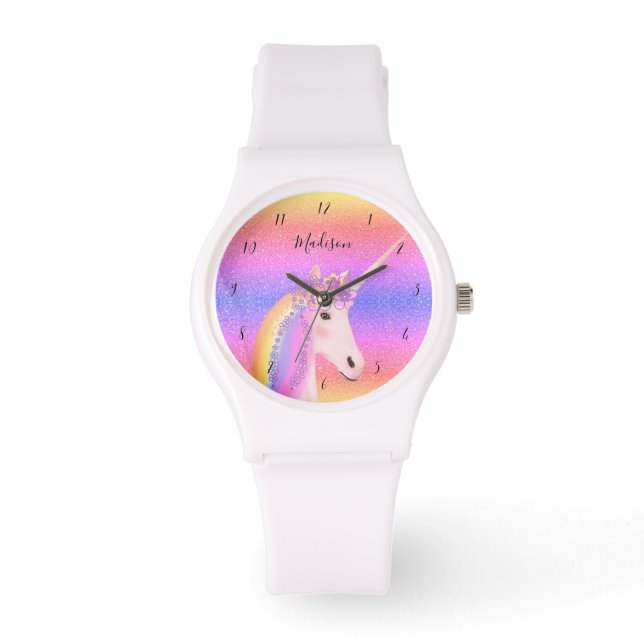 Cute Unicorn Rainbow Glitter Trendig Monogram Armbandsur (Framsida)