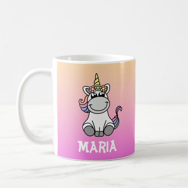 Cute Unicorn Rainbow Gradient Personlig Namn Kaffemugg (Vänster)