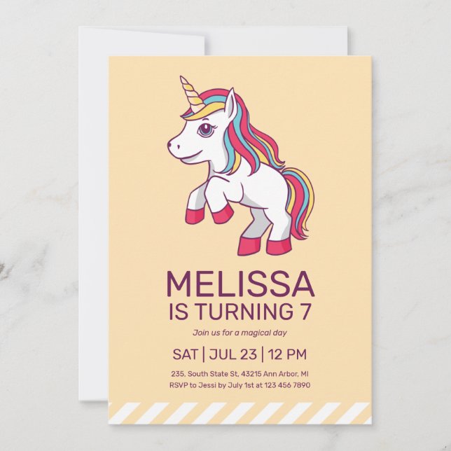 Cute Unicorn Rainbow Hair Gult Barns födelsedag Inbjudningar (Framsida)