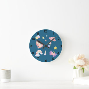 Cute Unicorn Rainbow hjärtballong star mönster Rund Klocka