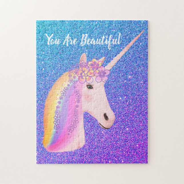 Cute Unicorn Rainbow Lila Blue Ombre Glitter Pussel (Vertikal)
