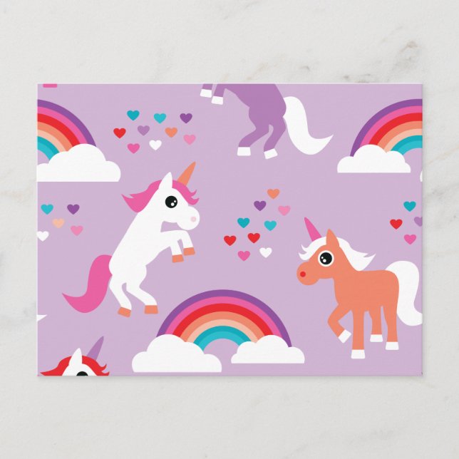 Cute Unicorn Rainbow Lila Vykort (Framsida)