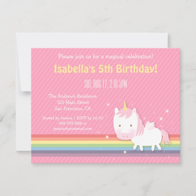 Cute Unicorn Rainbow Rosa Flick kalas Inbjudningar (Framsida)