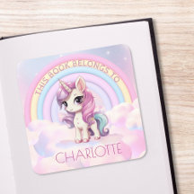 Cute Unicorn Rainbow School Bookplate Namn