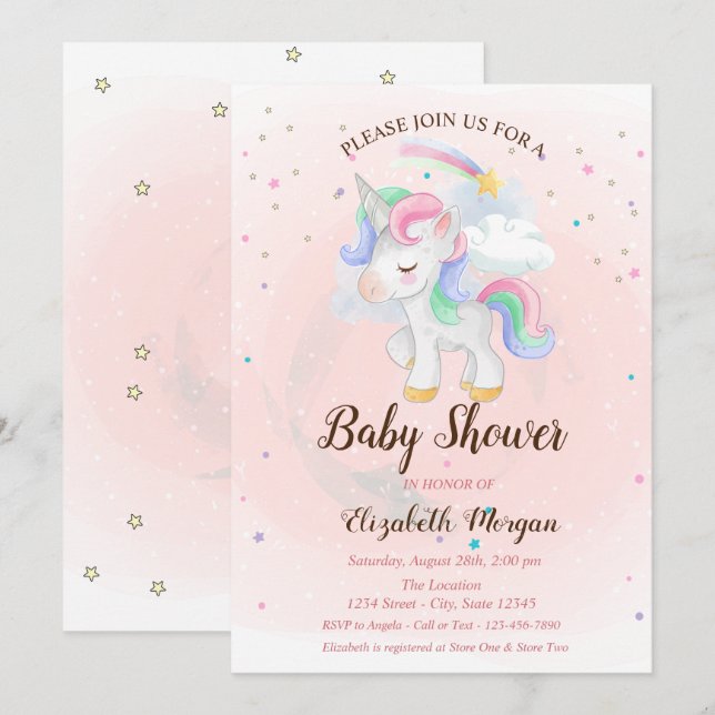 Cute Unicorn, Rainbow, Stars Baby Shower-inbjudan Inbjudningar (Fram/baksida)