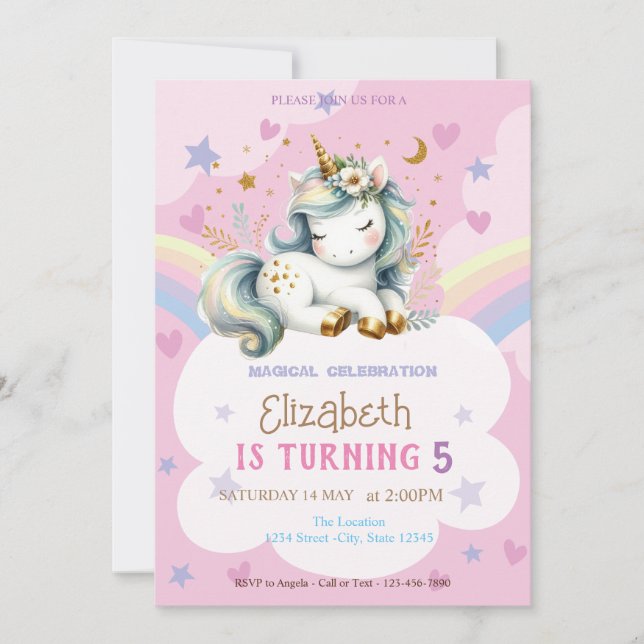 Cute Unicorn Rainbow Stars Hearts Birthday Inbjudningar (Framsida)