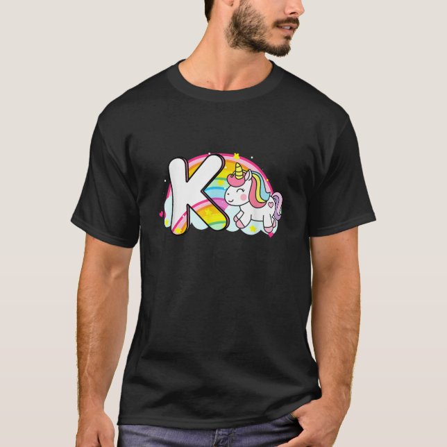 Cute Unicorn Rainbow Tecknad Initial Brev K Mono T Shirt (Framsida)