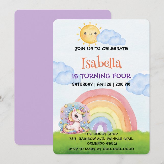 Cute Unicorn-regnbåge sunshine himmel Födelsedagsf Inbjudningar (Fram/baksida)
