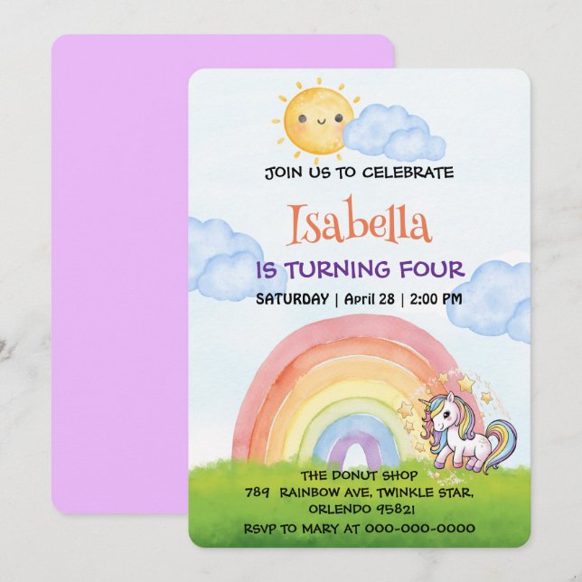 Cute Unicorn-regnbåge sunshine himmel Födelsedagsf Inbjudningar (Fram/baksida)