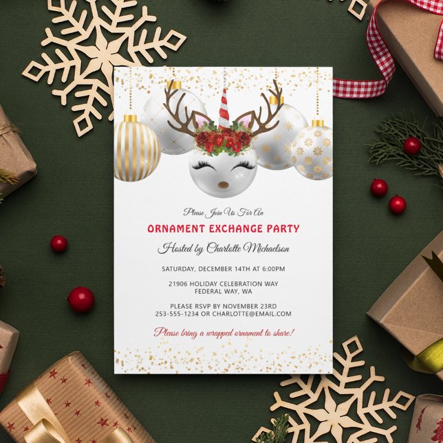 Cute Unicorn Reindeer Ornamer Exchange Party Inbjudningar (Christmas Holiday Reindeer Ornament Exchange Invitation)