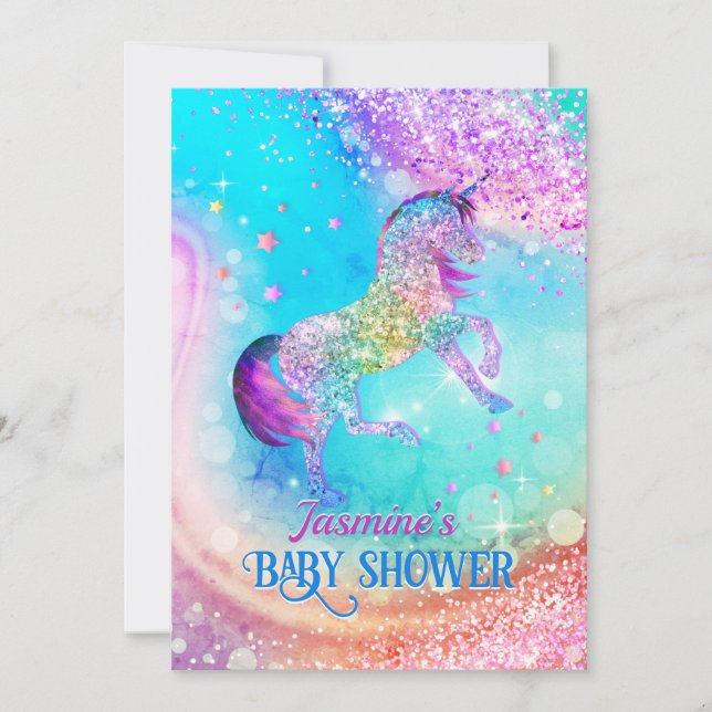 Cute Unicorn rosa aqua glitter babydusch Inbjudningar (Framsida)