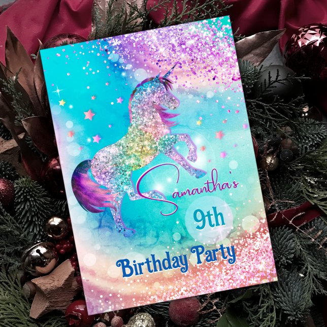 Cute Unicorn rosa aqua glitter, oavsett ålder Inbjudningar (Skapare uppladdad)