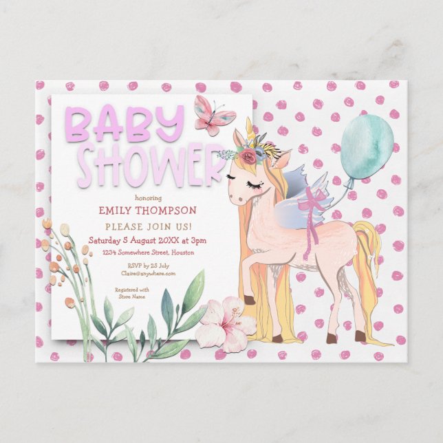 Cute Unicorn Rosa Baby Shower Inbjudan Vykort (Framsida)