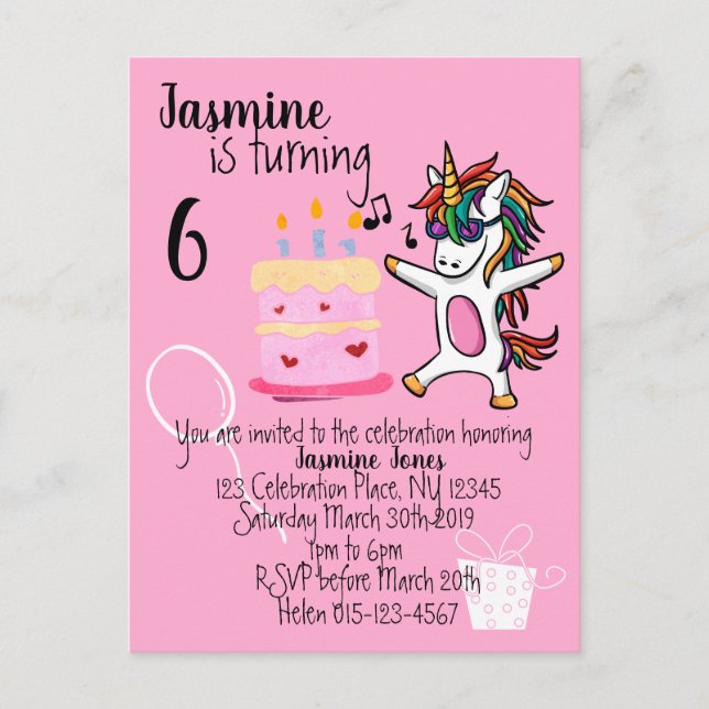 Cute Unicorn Rosa Birthday Inbjudan Vykort (Framsida)