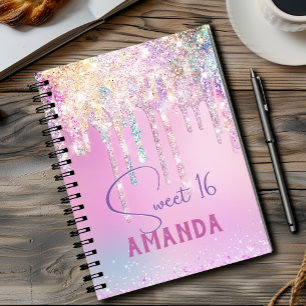 Cute Unicorn rosa glitter födelsedag, monogram Anteckningsbok