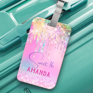 Cute Unicorn rosa glitter födelsedag, monogram Bagagebricka