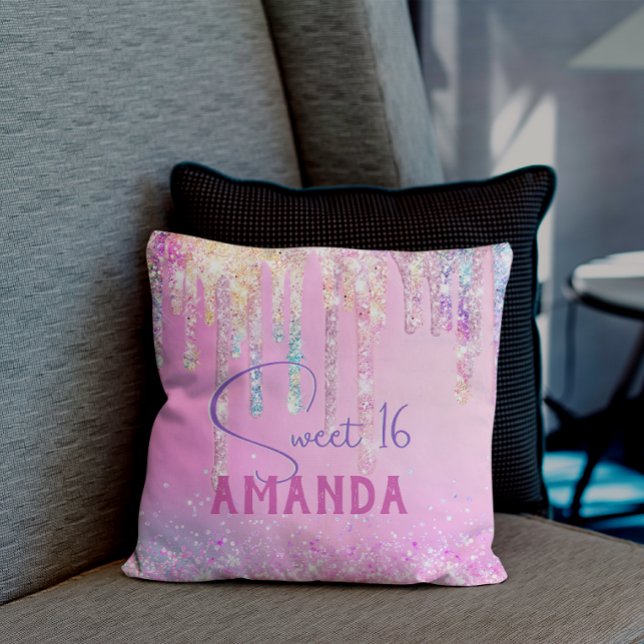 Cute Unicorn rosa glitter födelsedag, monogram Kudde (Skapare uppladdad)