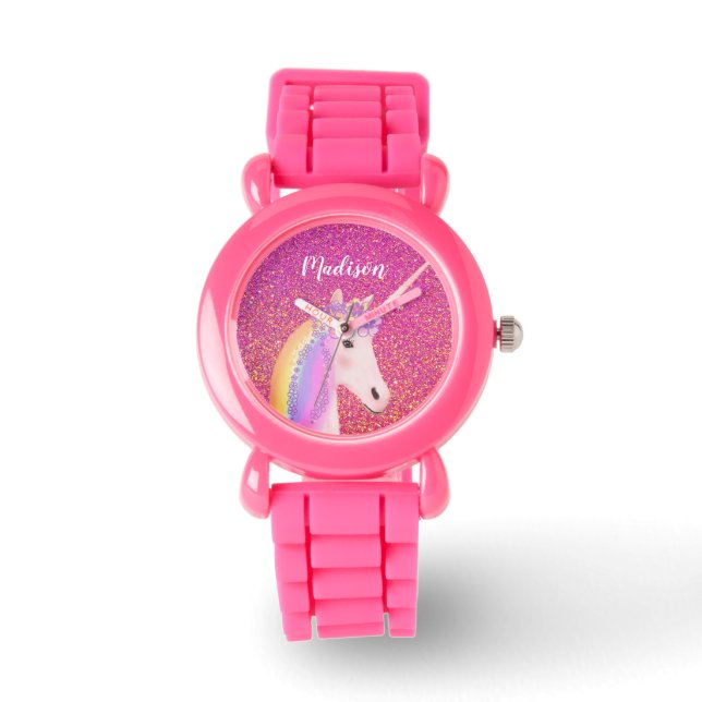 Cute Unicorn Rosa Glitter Personlig Barn Armbandsur (Framsida)