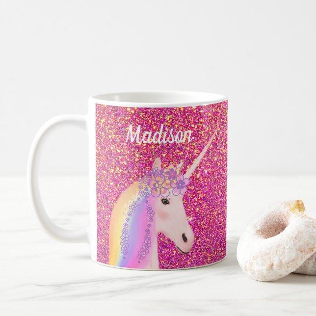 Cute Unicorn Rosa Glitter Personlig Kids Kaffemugg (Med munk)
