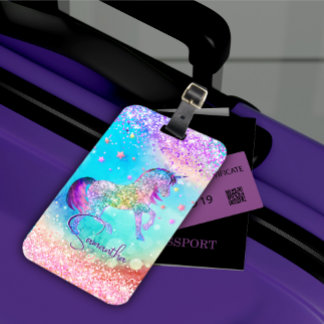 Cute unicorn rosa Glitter rainbow aqua monogram Bagagebricka