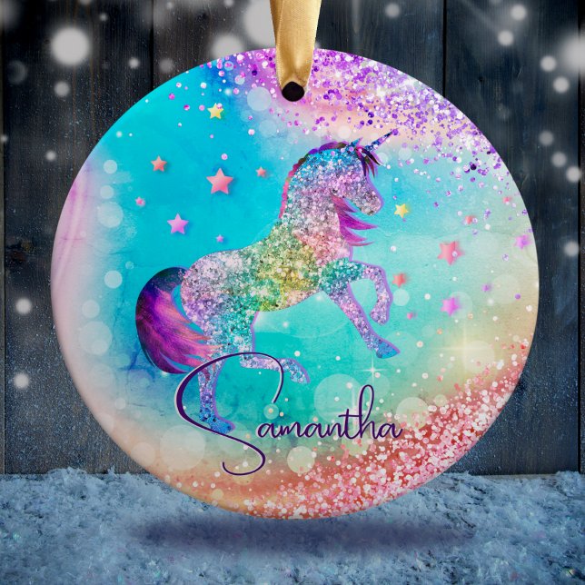 Cute unicorn rosa Glitter rainbow aqua monogram Julgransprydnad Keramik (Skapare uppladdad)
