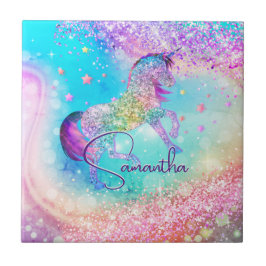 Cute unicorn rosa Glitter rainbow aqua monogram Kakelplatta