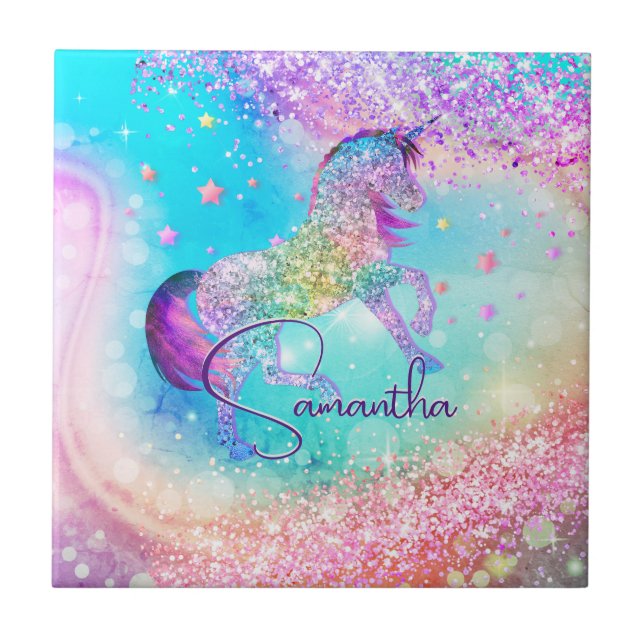 Cute unicorn rosa Glitter rainbow aqua monogram Kakelplatta (Framsidan)