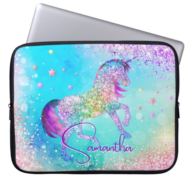 Cute unicorn rosa Glitter rainbow aqua monogram Laptop Fodral (Framsidan)