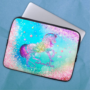 Cute unicorn rosa Glitter rainbow aqua monogram Laptop Fodral