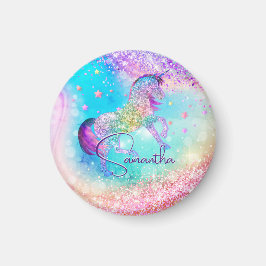 Cute unicorn rosa Glitter rainbow aqua monogram Magnet