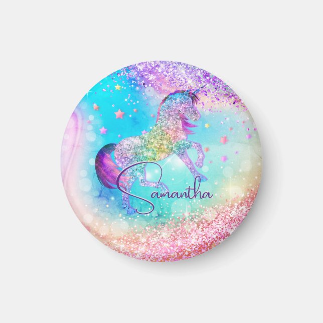 Cute unicorn rosa Glitter rainbow aqua monogram Magnet (Framsidan)