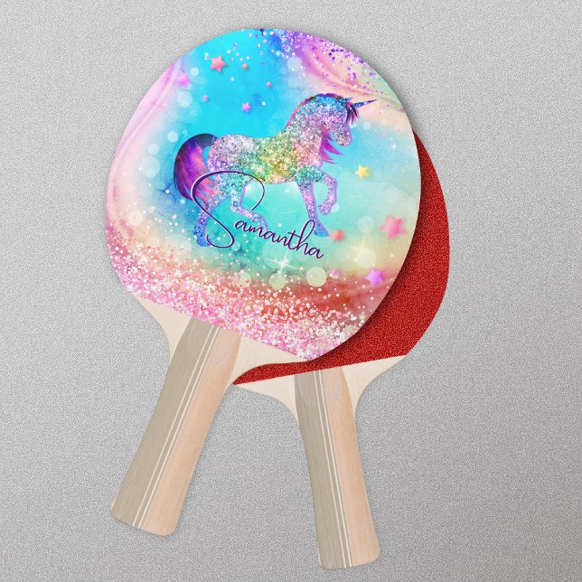 Cute unicorn rosa Glitter rainbow aqua monogram Pingisracket (Skapare uppladdad)