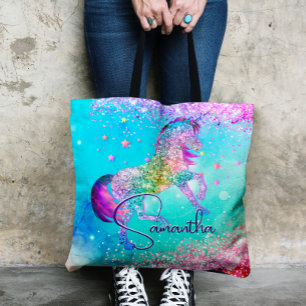 Cute unicorn rosa Glitter rainbow aqua monogram Tygkasse