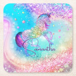 Cute unicorn rosa Glitter rainbow aqua monogram Underlägg Papper Kvadrat